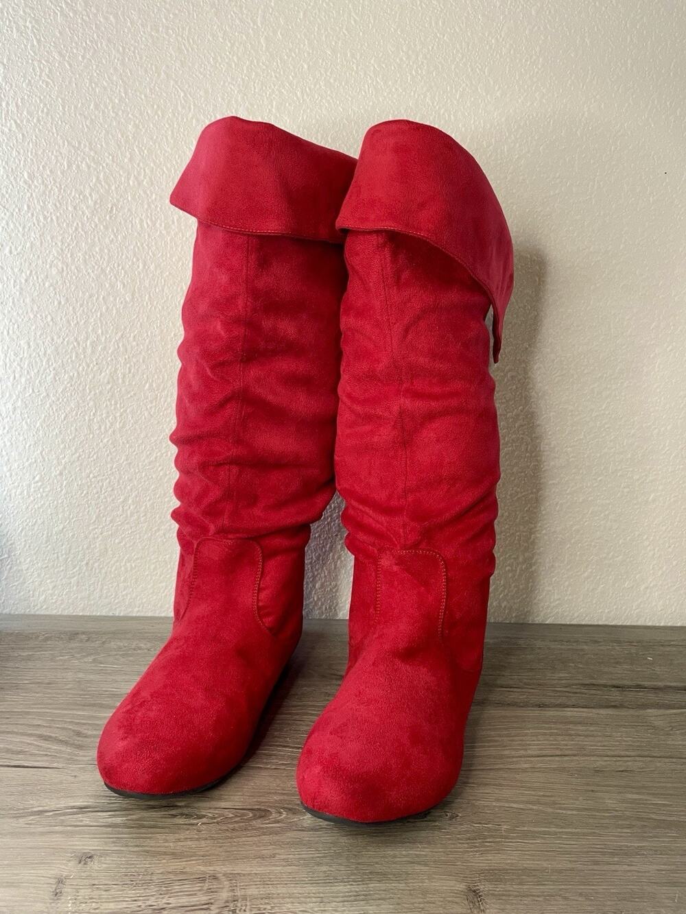 Women's Red Faux Suede Slouchy Mid-Calf Boots Round Toe Flat Size 11W 11 Wide